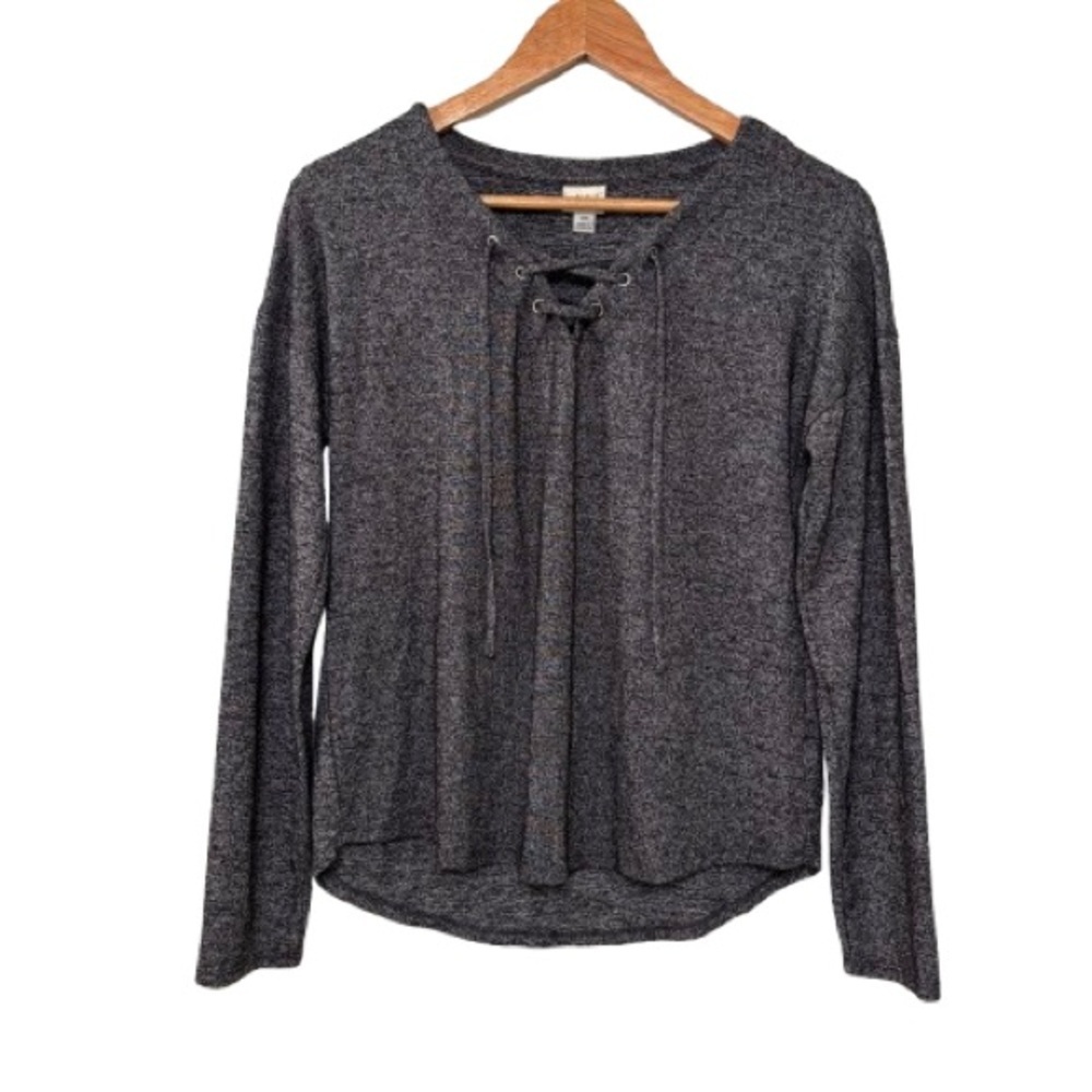 A New Day Dark Grey Lace Up Neck Long Sleeve Top Size XS